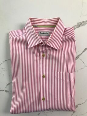 David Donahue 100% Cotton Dress Shirt Long Sleeve Pink &White Stripe Men’s XL